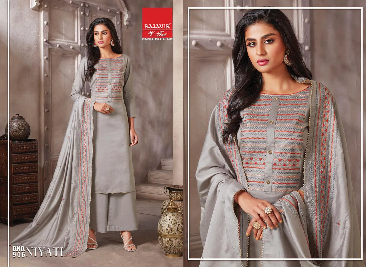 Rajveer Niyati  Pure  Cotton Jam Satin With Embroidery  Latest Fancy Ethnic Wear Designer Dress Material